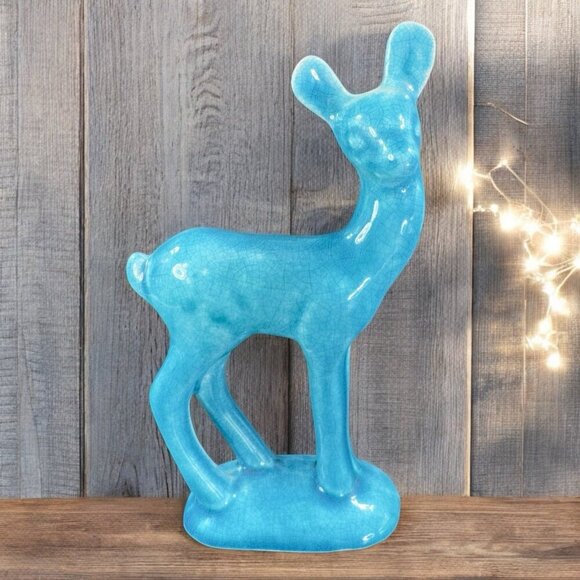 Ceramic Decor Other - Turquoise Blue Crackle Glaze Ceramic Deer Fawn Figurine Decorative Sculpture VTG